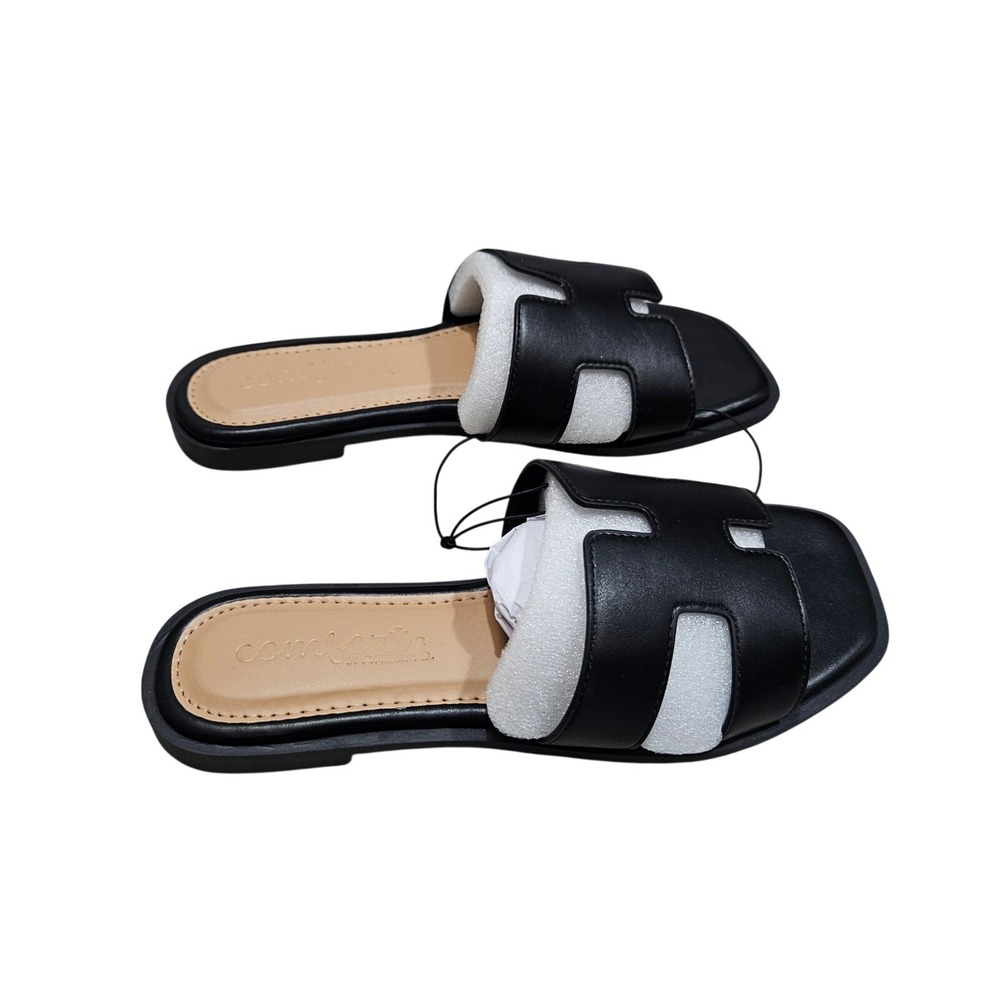 Comforts by Arden B Slide Sandals Womens 8 Black H-Strap Square Toe Minimalist